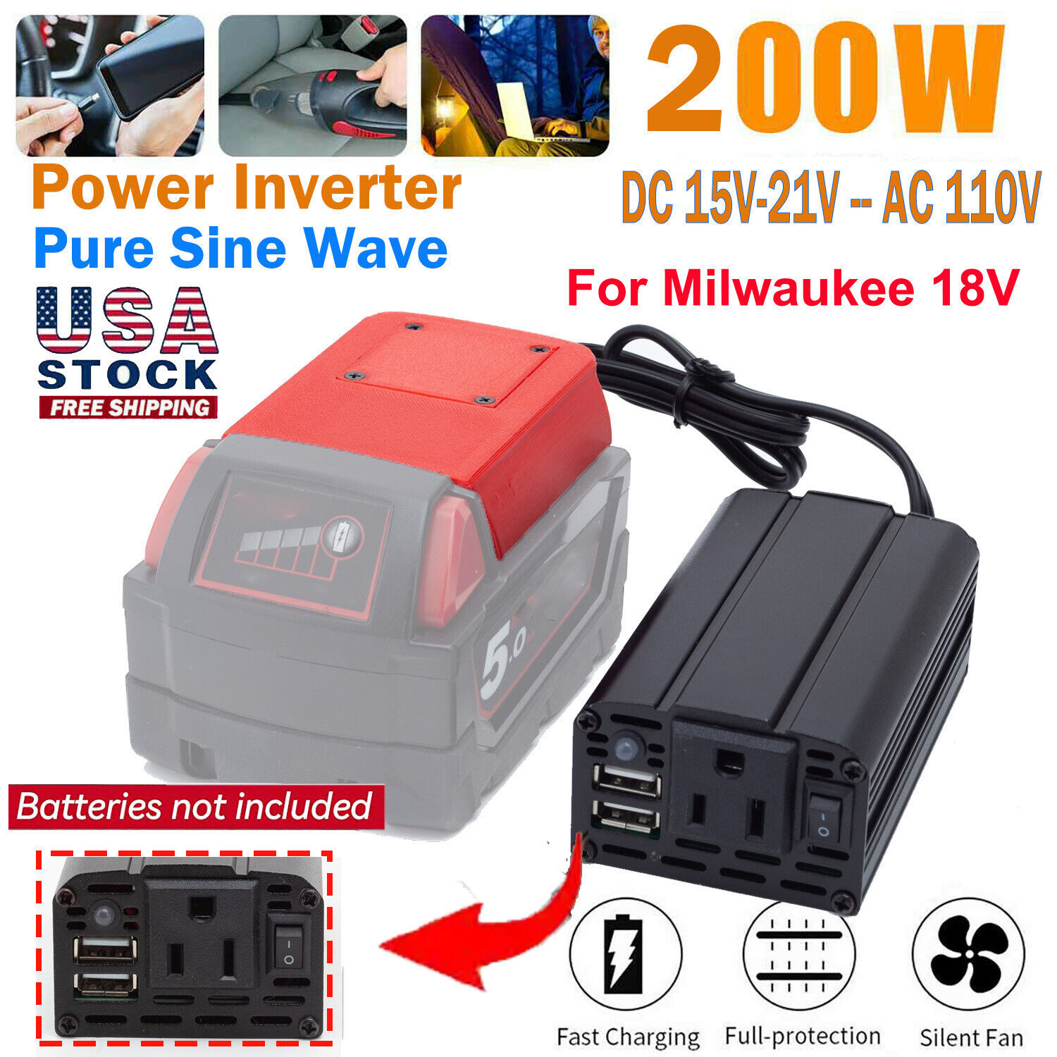 200W 110V Power Supply Inverter For Milwaukee 18V Battery w/AC Outlet&2 USB US