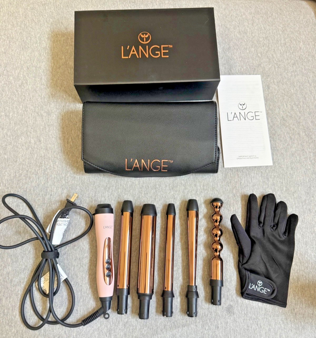L\'ange Le Cinq 5 Piece Curling Wand Set Lange Blush Complete Box Case Glove