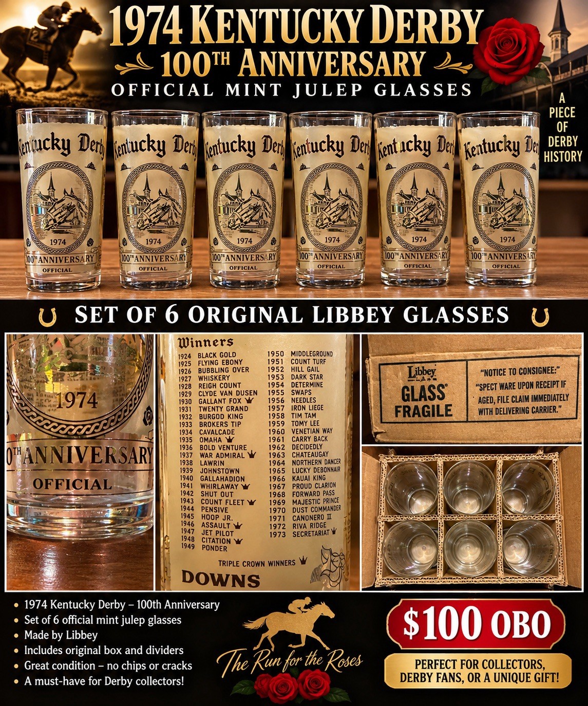 NOS Kentucky Derby 100th Anniversary 1974 Vintage Mint Julep Glasses, Libby NOS Kentucky Derby 100th Anniversary 1974 Vintage Mint Julep Glasses, Libby