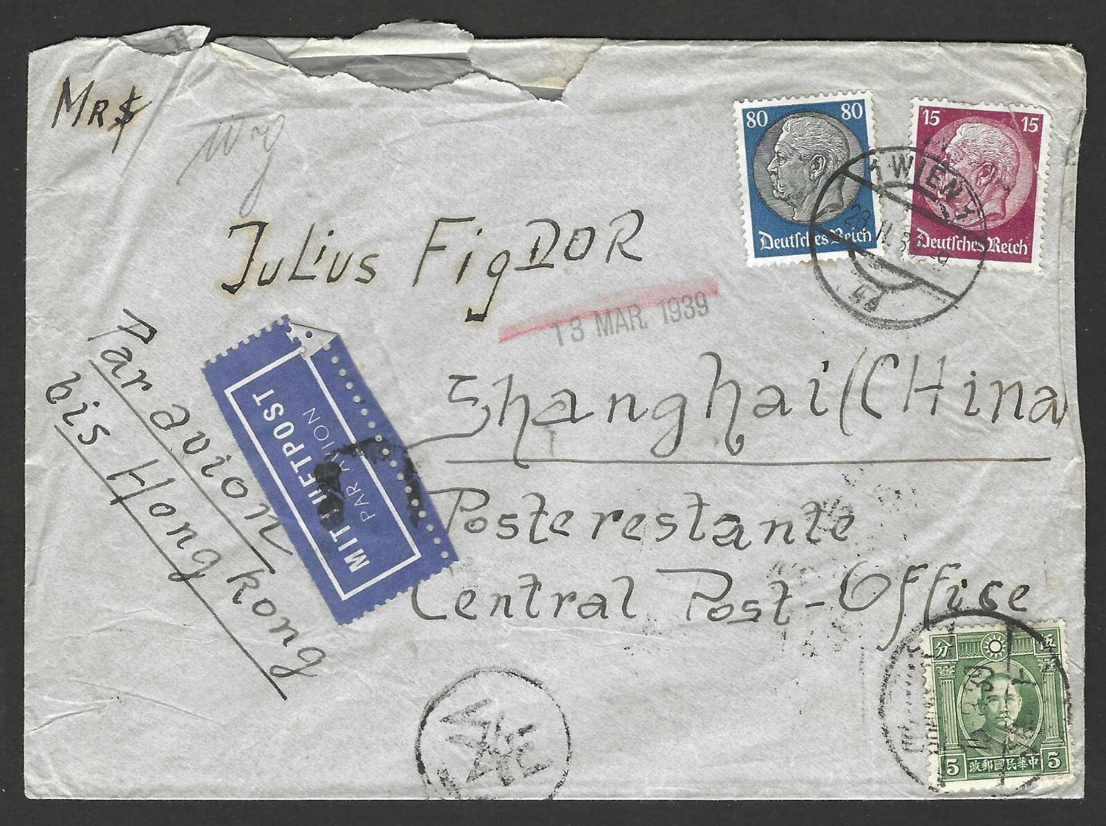 Germany China 1939 Mixed Franking Air Mail Posted In Vienna Austria