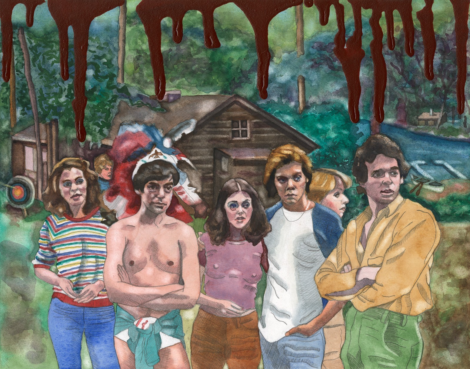 Friday the 13th Original Watercolor Camp Crystal Lake 1980 Horror Art Framed