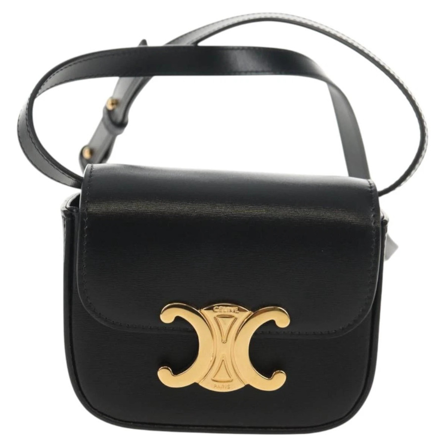 CELINE Mini Triomphe Shoulder Bag – Black Leather – Gold Hardware CELINE Mini Triomphe Shoulder Bag – Black Leather – Gold Hardware