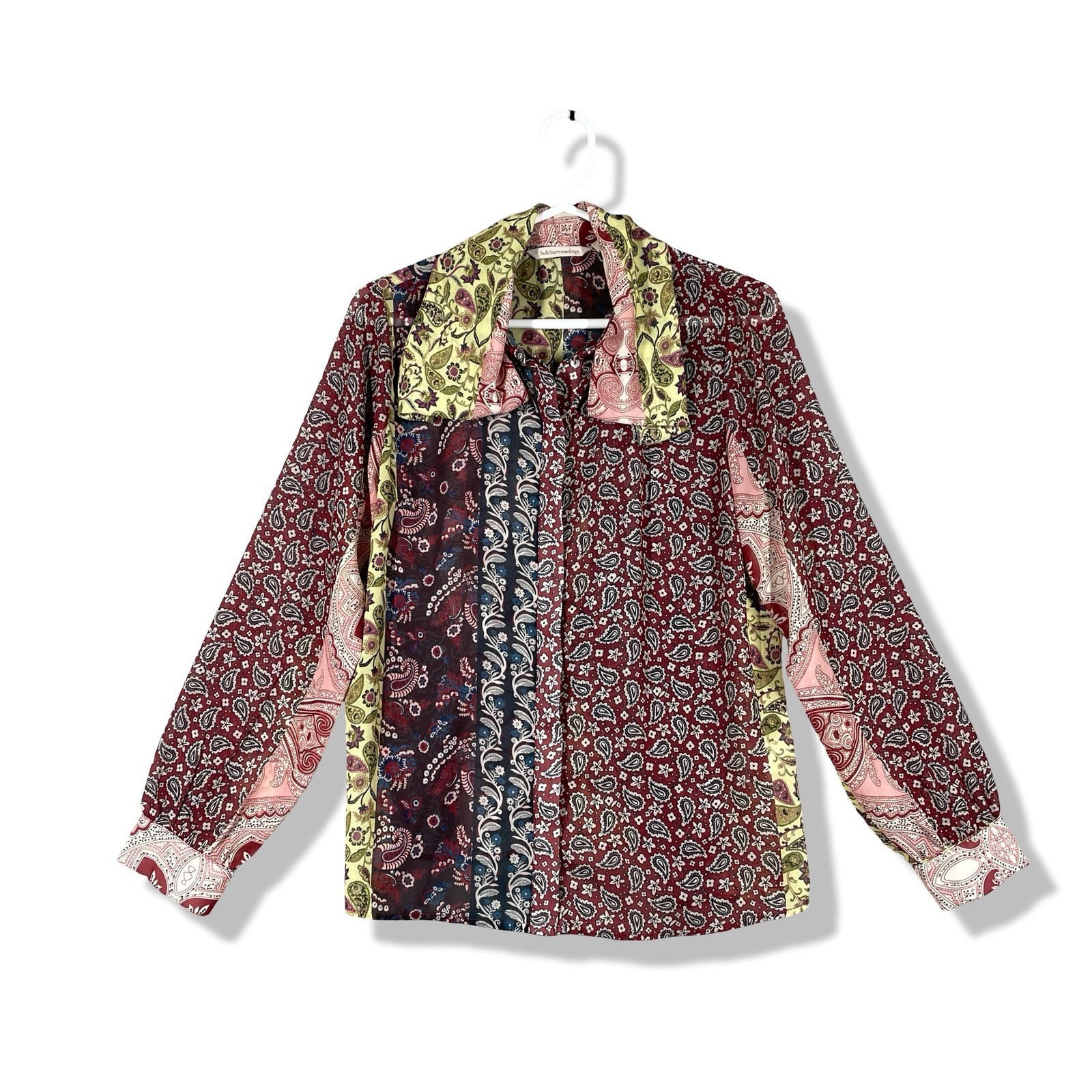 Soft Surroundings Blouse Womens Small Red Paisley Patchwork Boho Eclectic