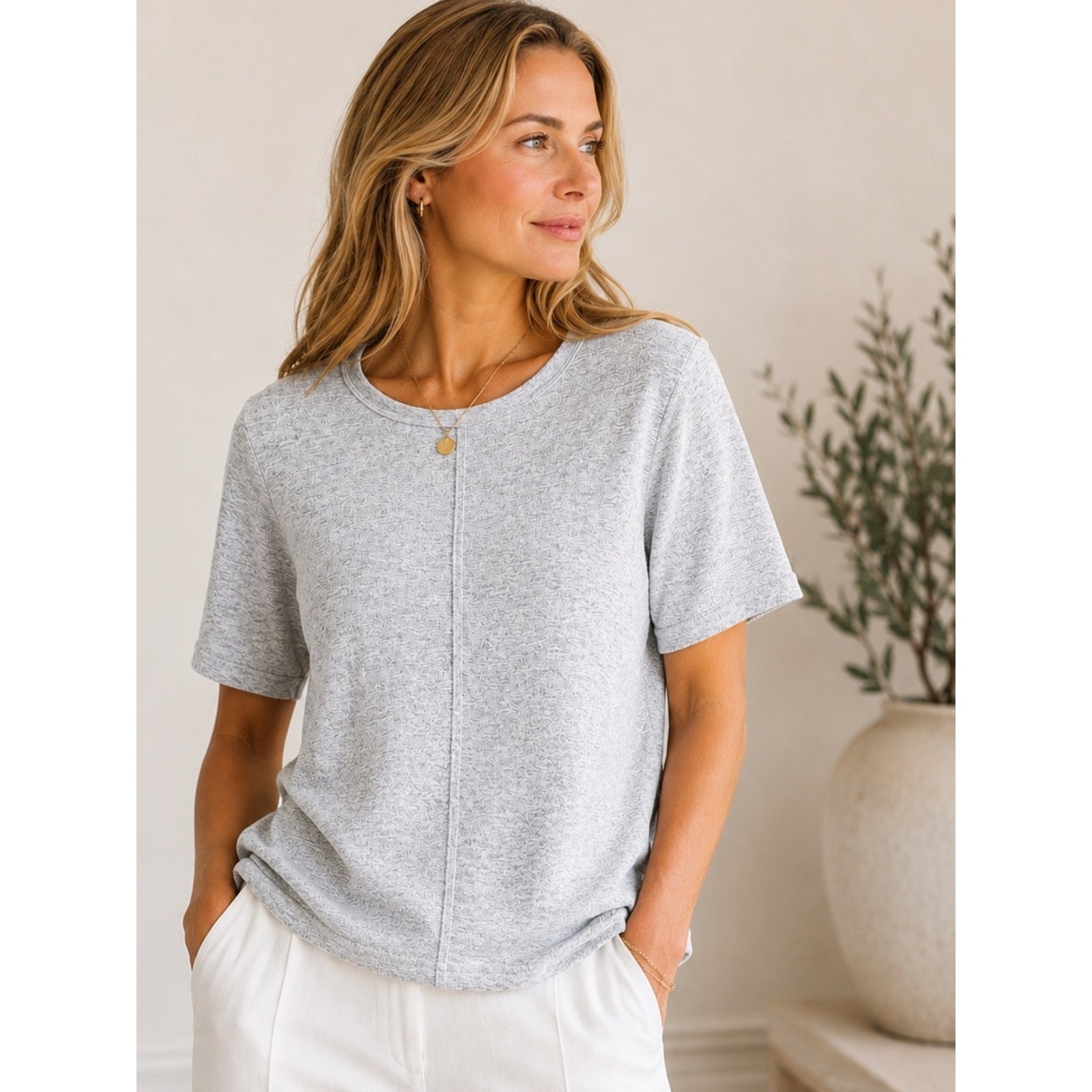 Eileen Fisher Organic Cotton Heathered Knit Tee XS/S Short Sleeve Minimalist Top