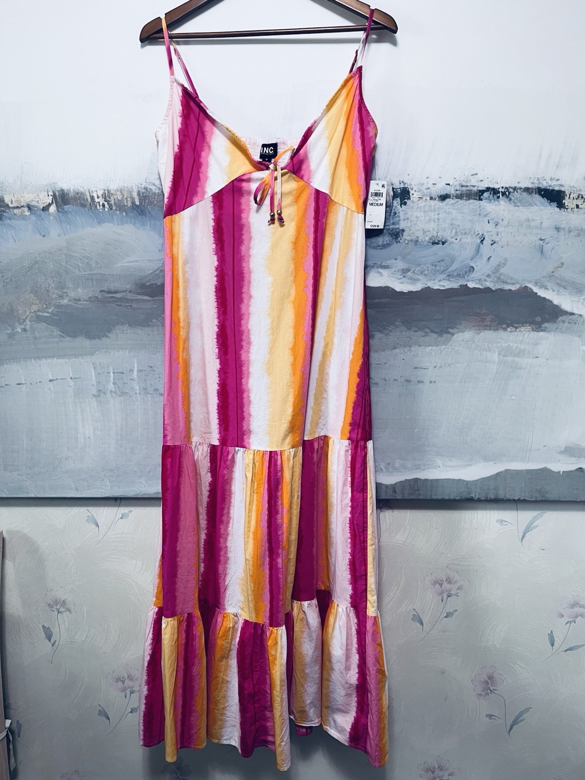 INC International Concepts NWT Maxi Dress M Pink Yellow Orange Striped Tiered INC International Concepts NWT Maxi Dress M Pink Yellow Orange Striped Tiered