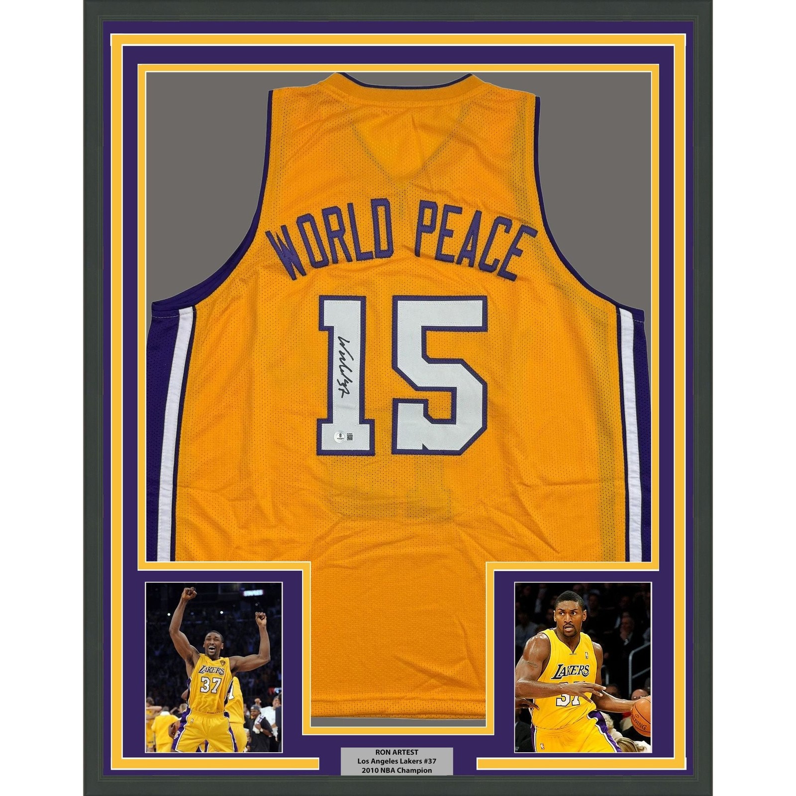 Framed Autographed/Signed Metta World Peace 35x39 LA Yellow Jersey BAS COA Framed Autographed/Signed Metta World Peace 35x39 LA Yellow Jersey BAS COA