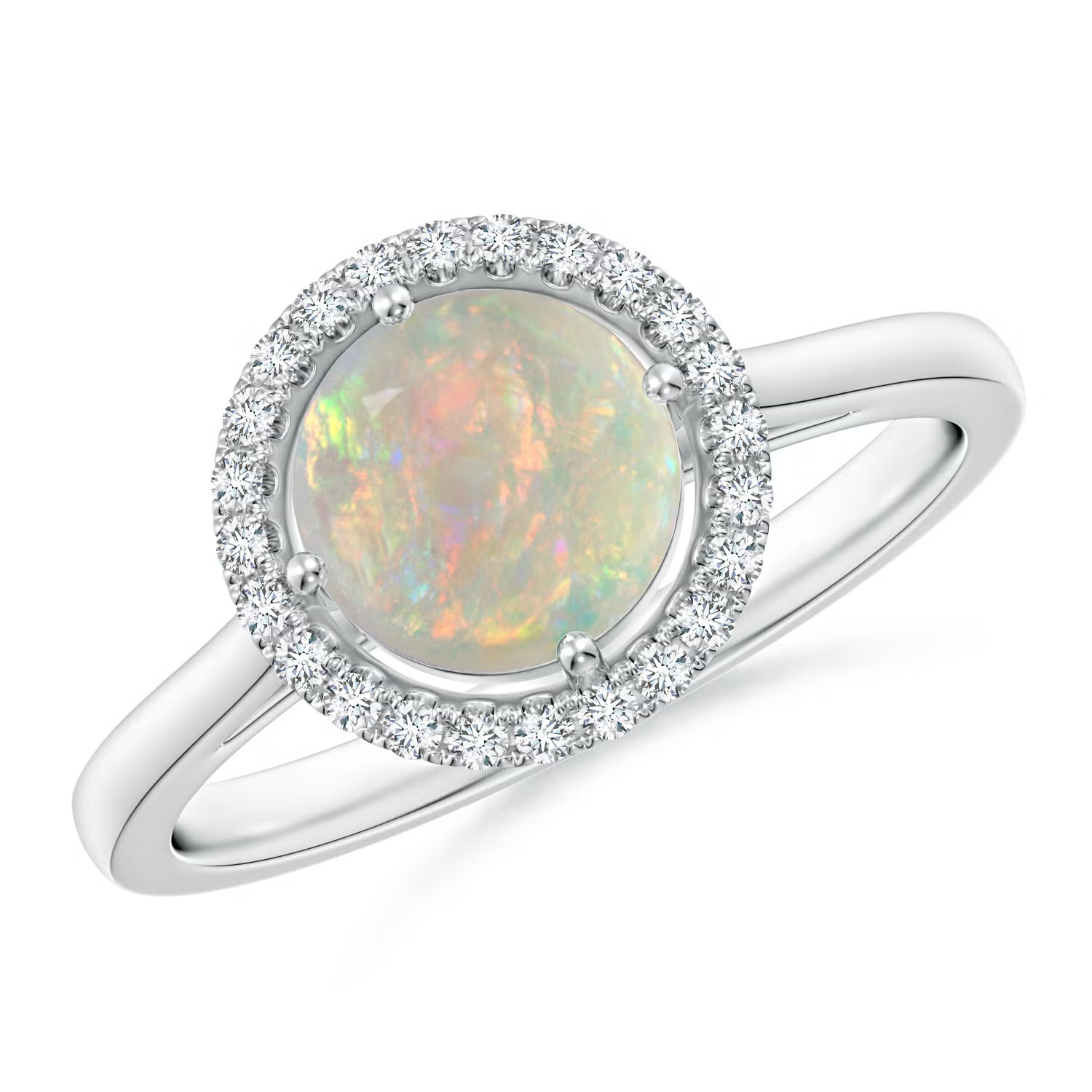 Angara 0.89 CTW Floating Round Opal Ring with Diamond Halo in 14K White Gold Angara 0.89 CTW Floating Round Opal Ring with Diamond Halo in 14K White Gold
