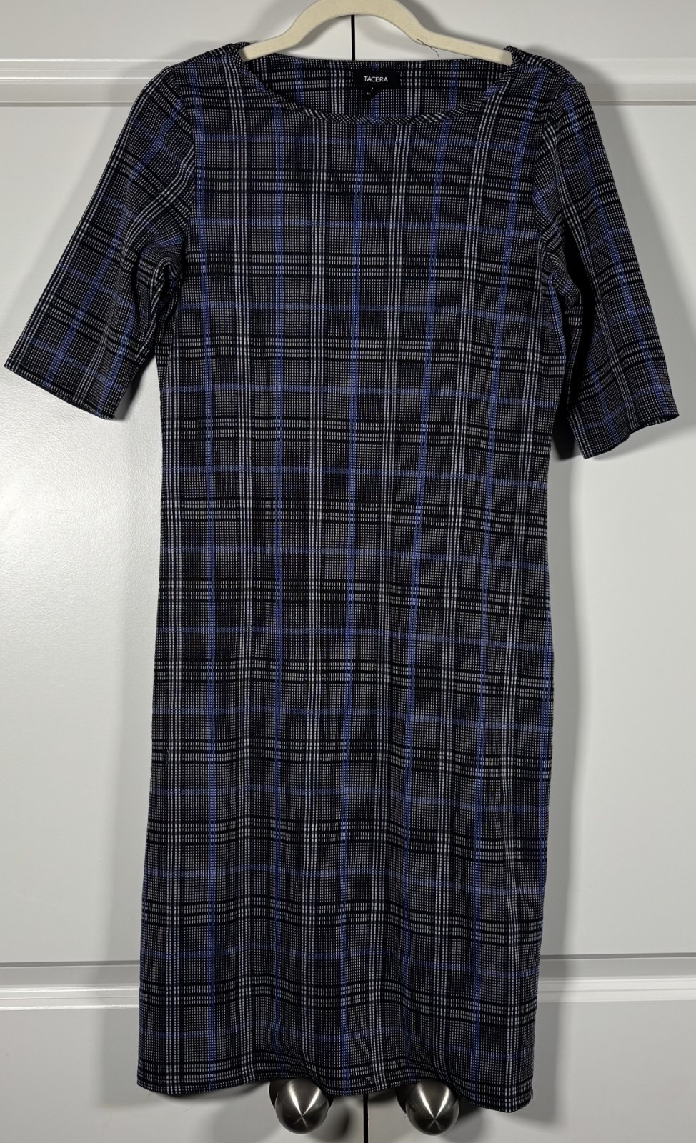 Tacera Womens Sheath Dress Black Blue Plaid Short Sleeve Work Office Classic M