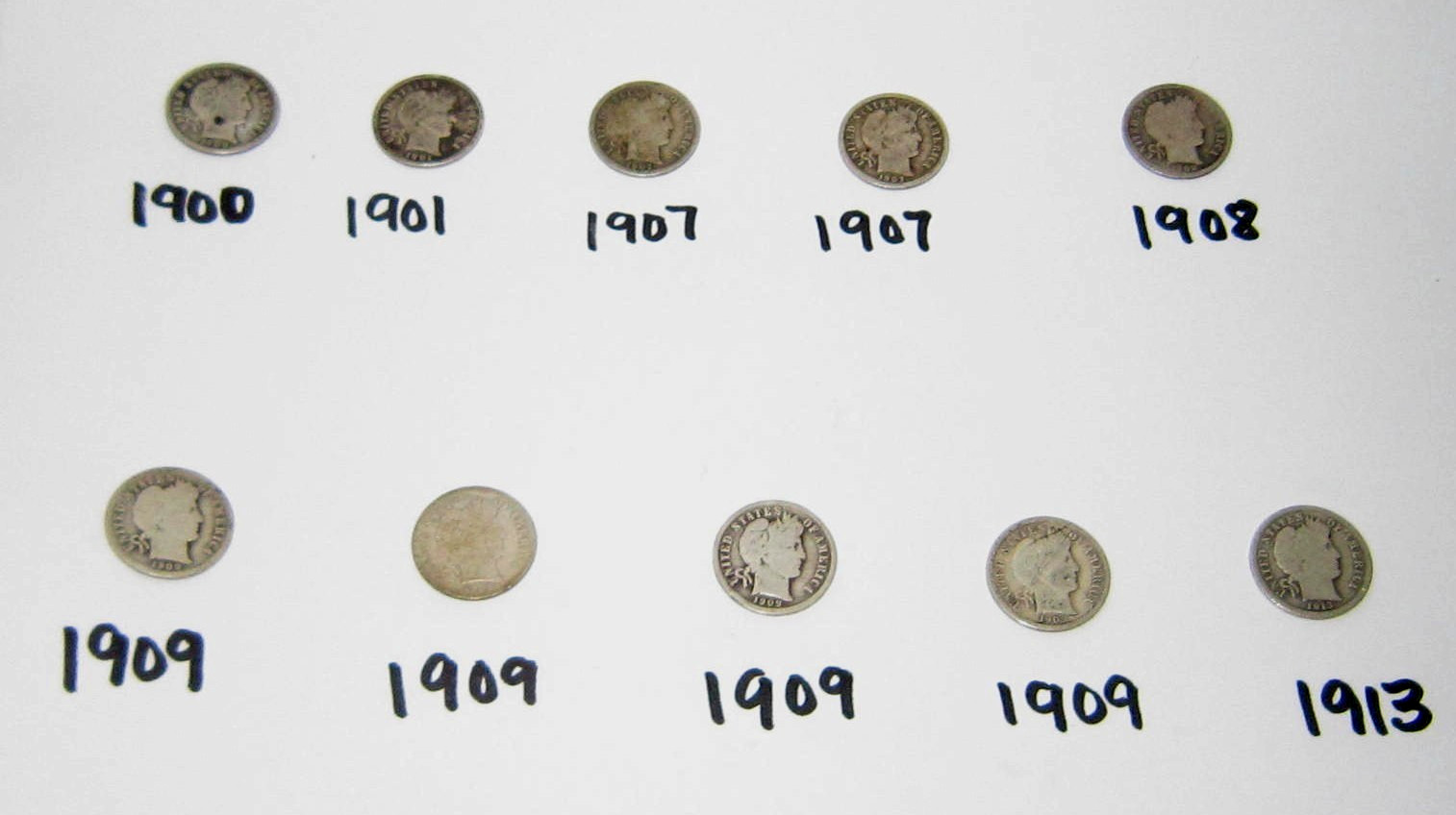 10 Lot 90% Silver Barber Dimes 1900-1913/NO MELT/Some Key Dates/NICE
