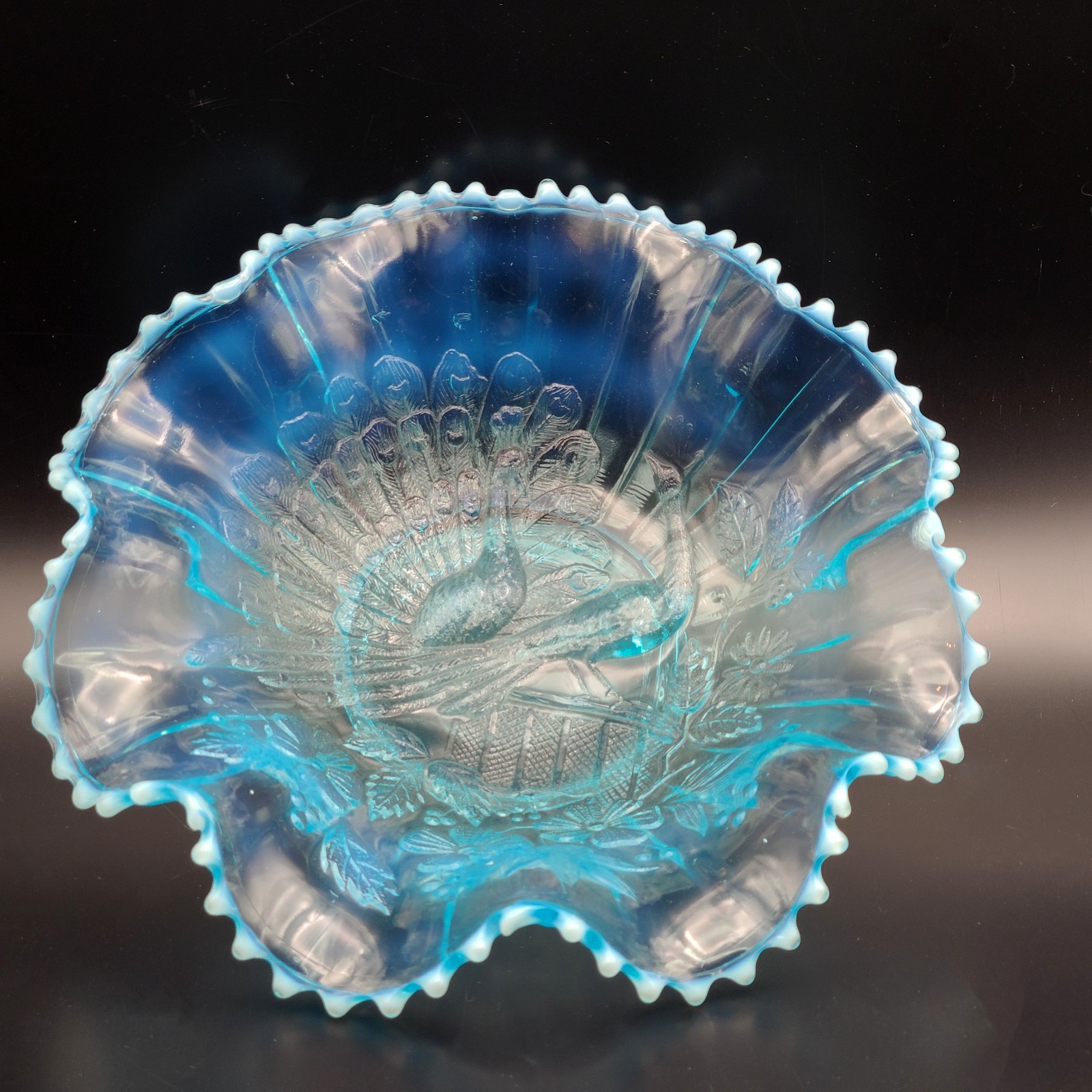 Antique Northwood Peacocks on the Fence Blue Opalescent Ruffled Bowl Antique Northwood Peacocks on the Fence Blue Opalescent Ruffled Bowl