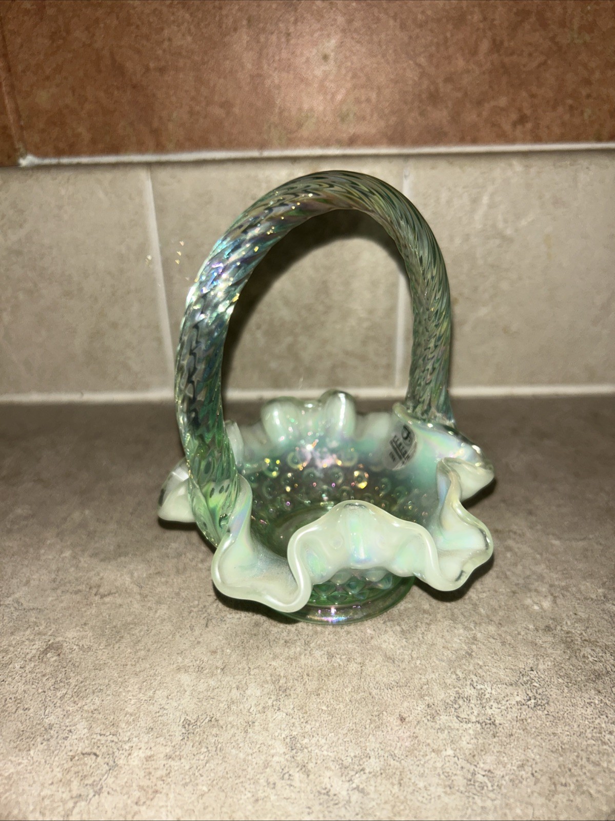 Vintage Fenton Emerald Green Opalescent Hobnail Basket Vintage Fenton Emerald Green Opalescent Hobnail Basket