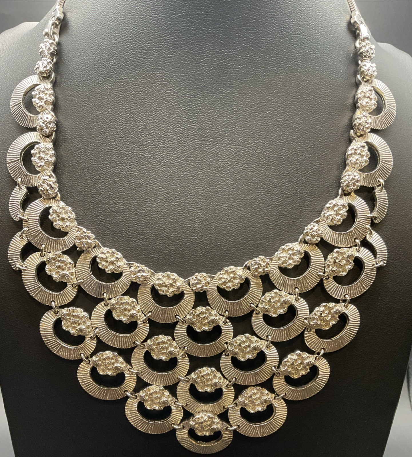 Vintage Signed MONET Textured Crescent Bib Necklace Silver Tone Egyptian Style Vintage Signed MONET Textured Crescent Bib Necklace Silver Tone Egyptian Style