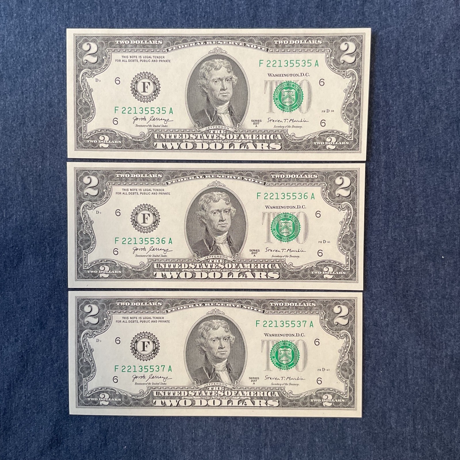 3 Consecutive $2 Bills 2017A Uncirculated Crisp Sequential Serial Numbers