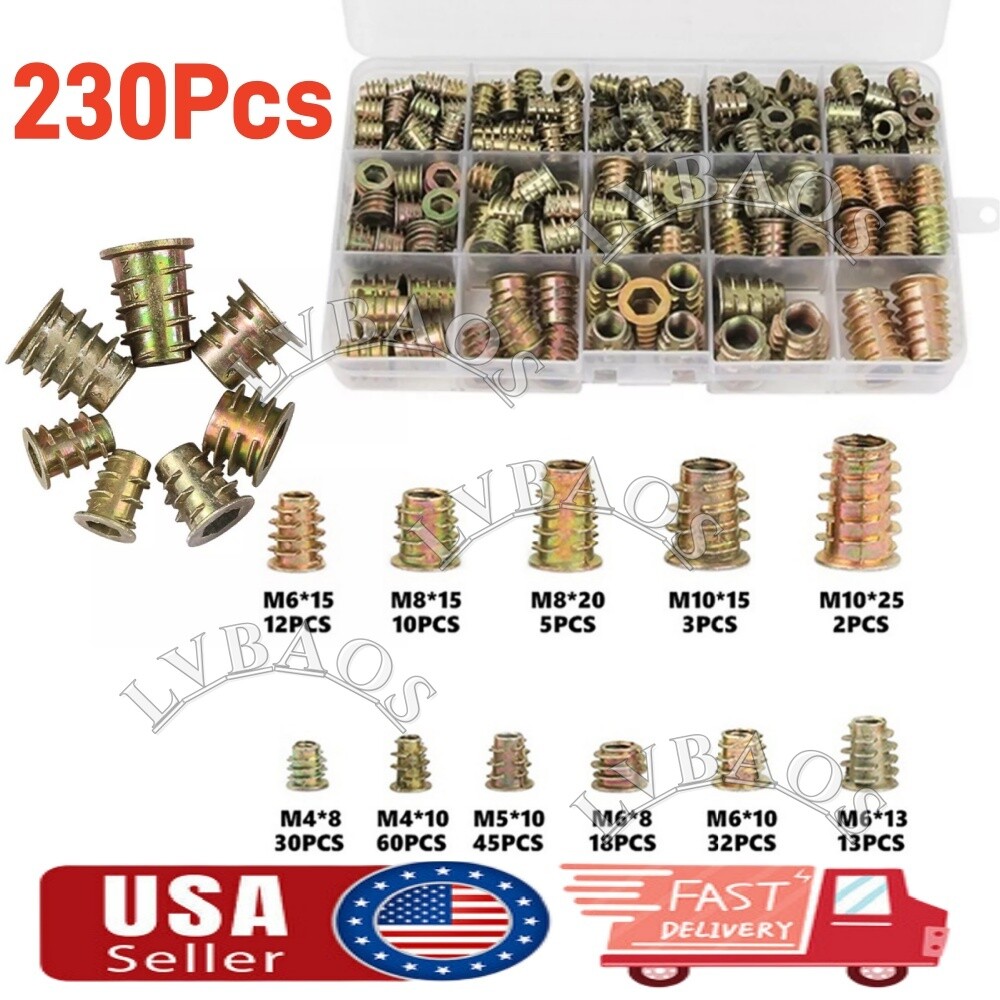 230Pcs THREADED HEX DRIVE INSERT FIXING WOOD SCREW INSERTS NUTS M4/M5/M6M8/M10