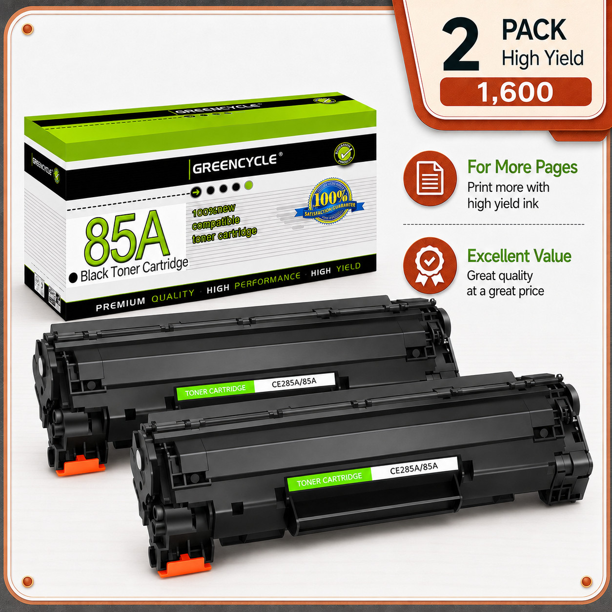 GREENCYCLE 2 Pack CE285A 85A Toner Cartridge For HP LaserJet P1100 P1102 P1102W