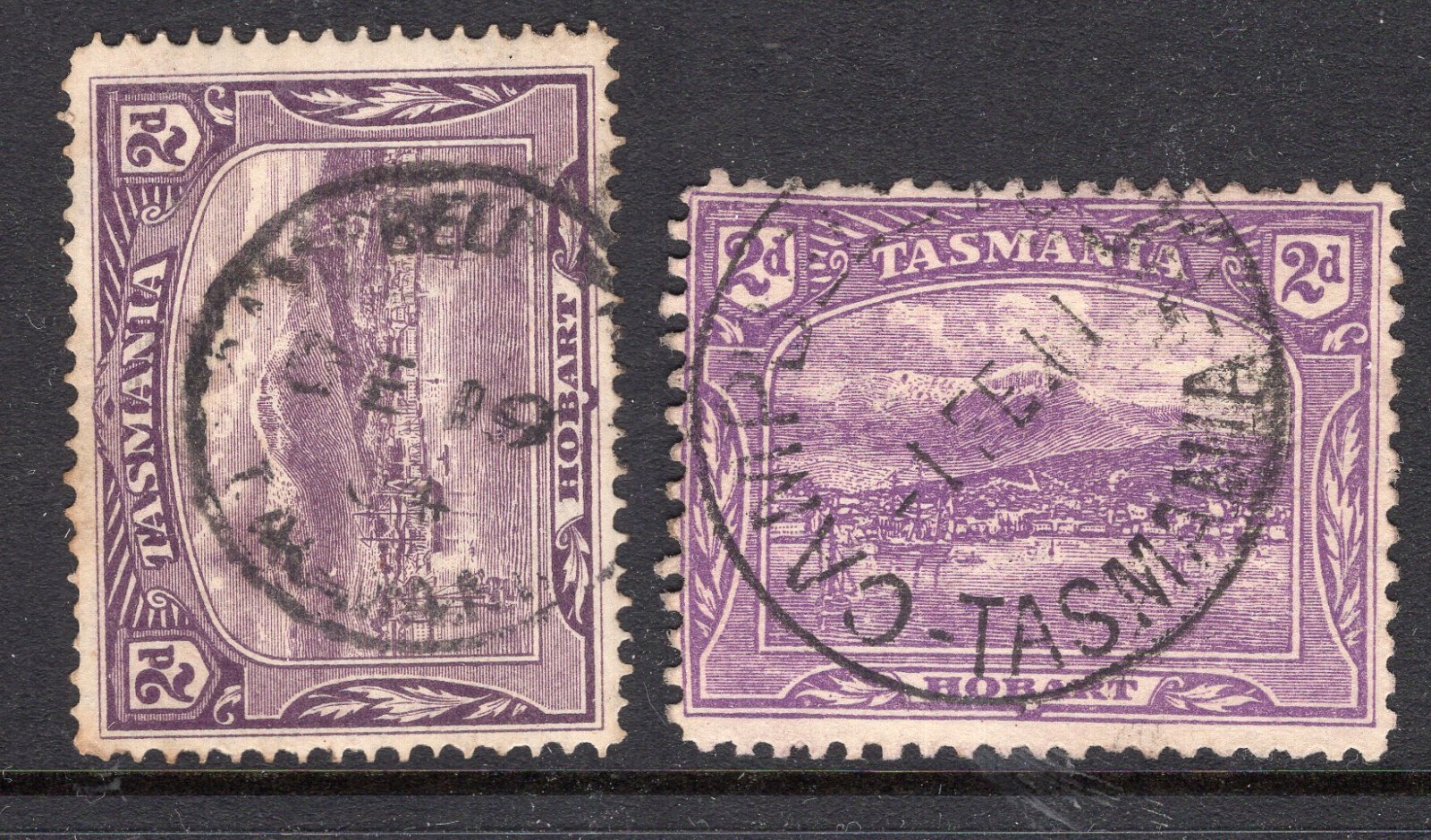Tasmania CAMPBELL TOWN pmks type 1 &2b on 2d pictorials rated VC (1) by Hardinge