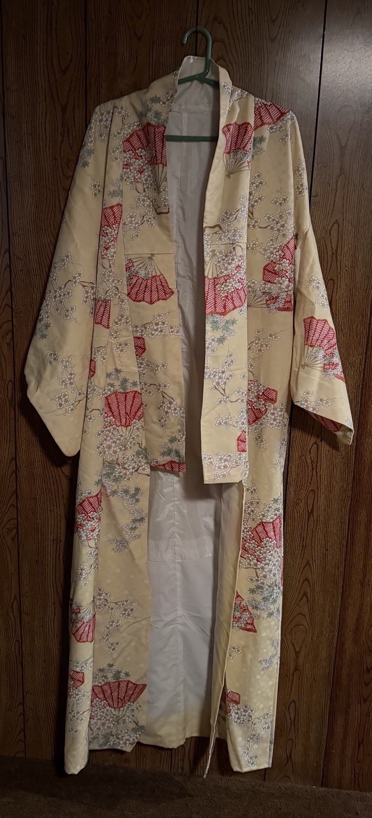Vintage Japanese Style Kimono Robe Cream Red Fan Floral Blossom Full Length