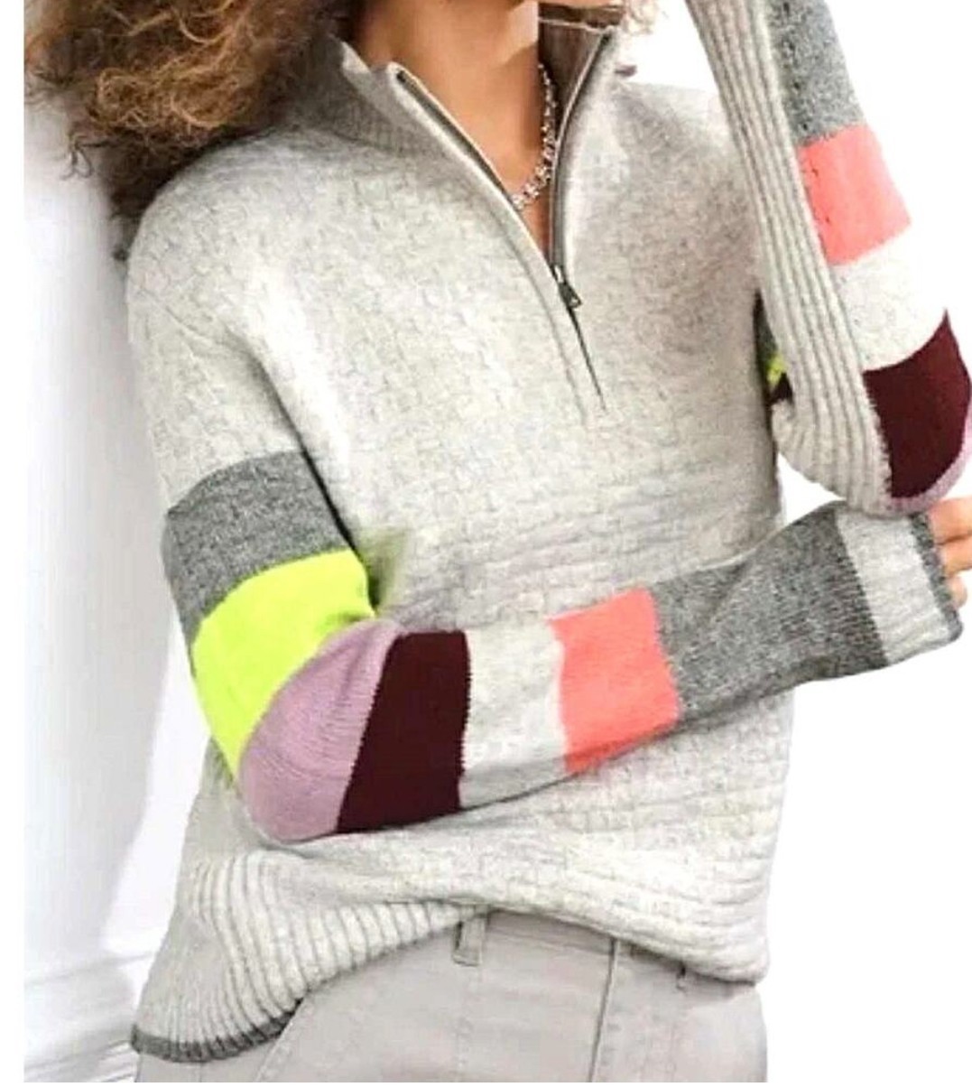 CABI Downhill Sweater Sz S  Gray Multicolor Stripe 1/4 Zip Cotton Lagenlook NWOT