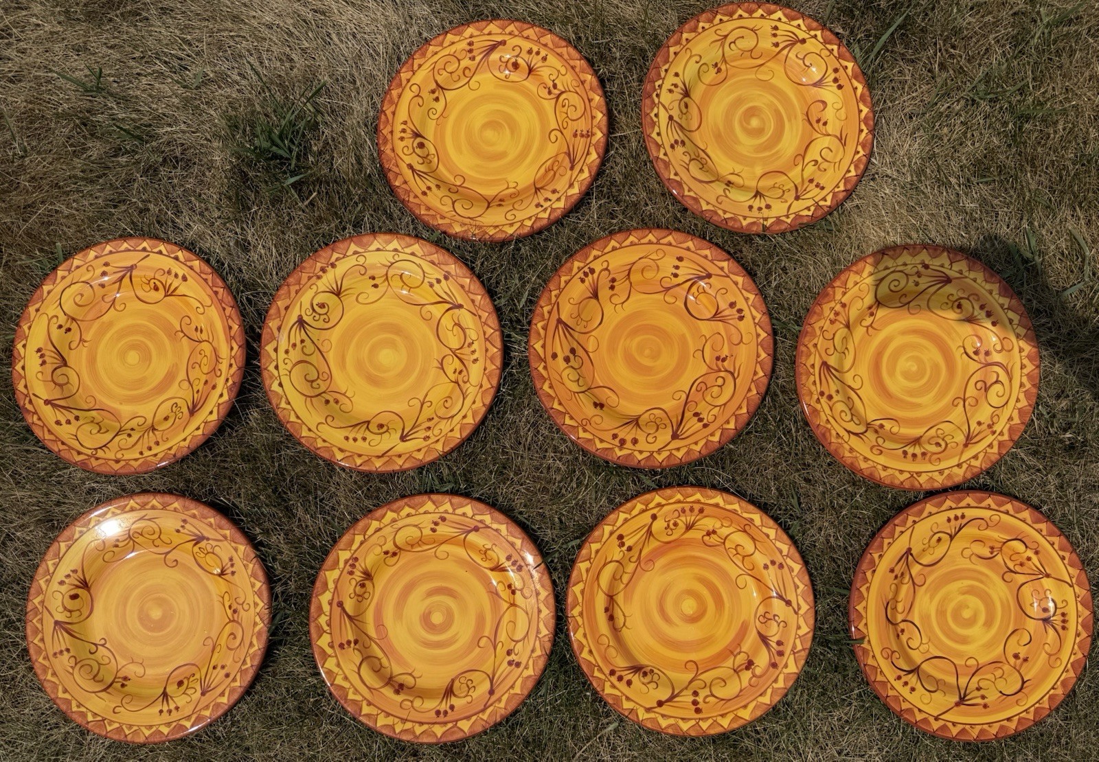 Discontinued Pier 1 Karistan Hand Painted Yellow Orange Dinner Plates Set of 10 Discontinued Pier 1 Karistan Hand Painted Yellow Orange Dinner Plates Set of 10