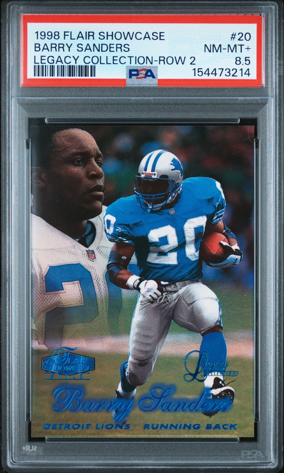 1998 FLAIR SHOWCASE BARRY SANDERS ROW 2 LEGACY COLLECTION 4 /100 PSA 8.5 NM-MT+ 1998 FLAIR SHOWCASE BARRY SANDERS ROW 2 LEGACY COLLECTION 4 /100 PSA 8.5 NM-MT+