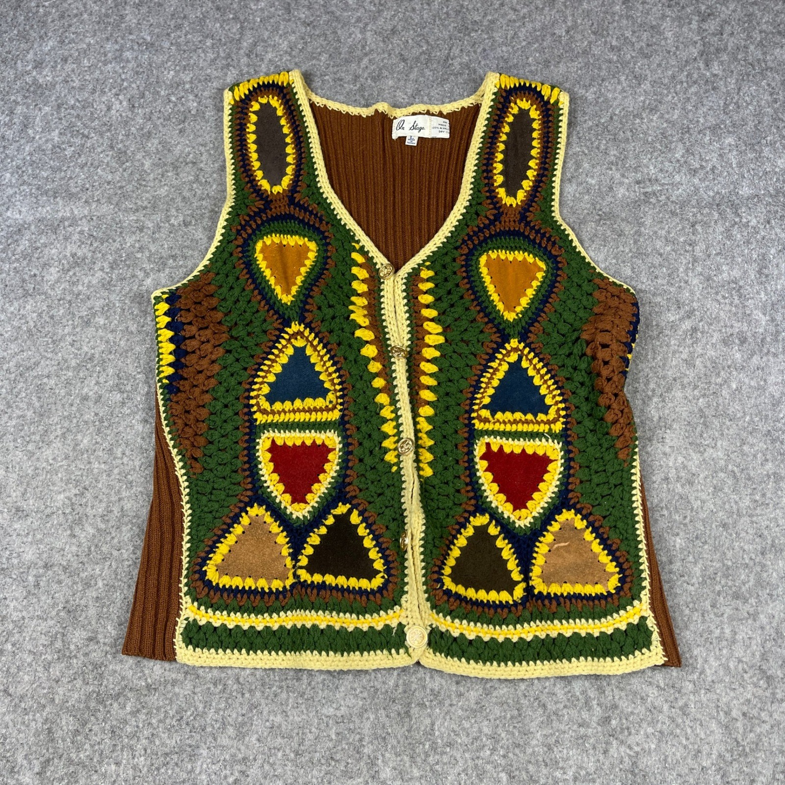 Vintage On Stage Crochet Suede Vest Womens LG Brown Green Patchwork Boho Hippie