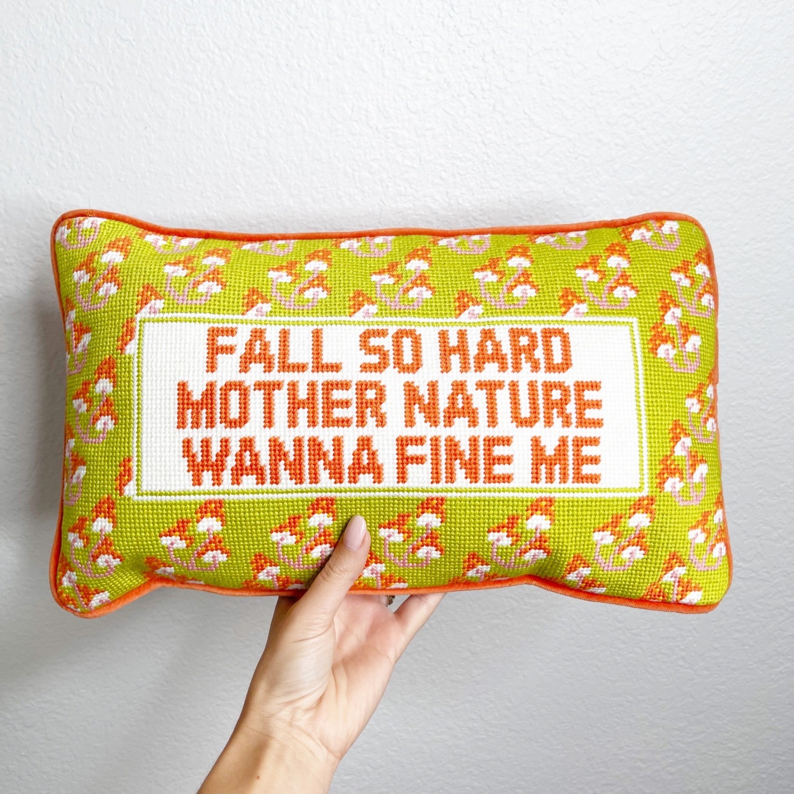 Furbish Studio Fall So Hard Mother Nature Needlepoint Pillow Green Orange New