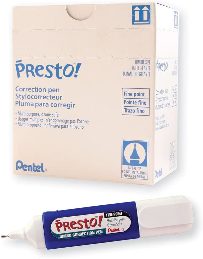 Pentel Presto Jumbo Correction Pen, Fine Point, Metal Tip, Box of 12Blue/White