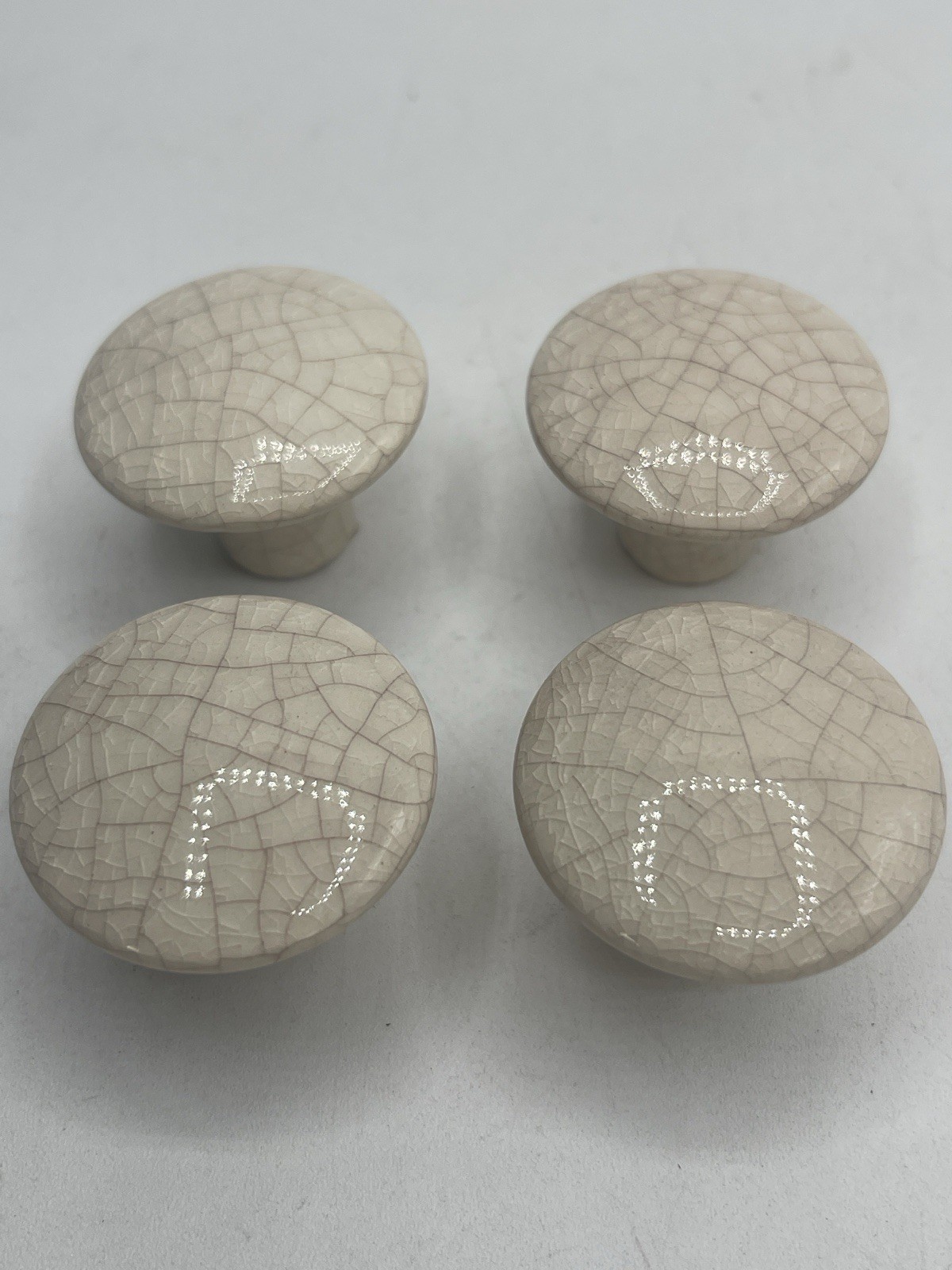 4 Vtg Porcelain Drawer Pull Cabinet Knobs Round Beige Crack No Screws