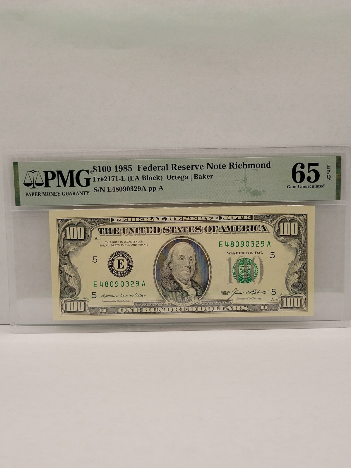 1985 $100 FEDERAL RESERVE NOTE RICHMOND PCGS 65EPQ GEM UNC - SEQUENTIAL #\'S 1985 $100 FEDERAL RESERVE NOTE RICHMOND PCGS 65EPQ GEM UNC - SEQUENTIAL #\'S