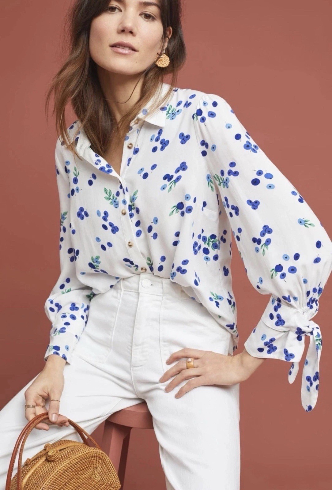 Anthropologie MAEVE Blithe NWOT Button Up Shirt Tie Sleeves Blueberry AOP Sz 8 Anthropologie MAEVE Blithe NWOT Button Up Shirt Tie Sleeves Blueberry AOP Sz 8