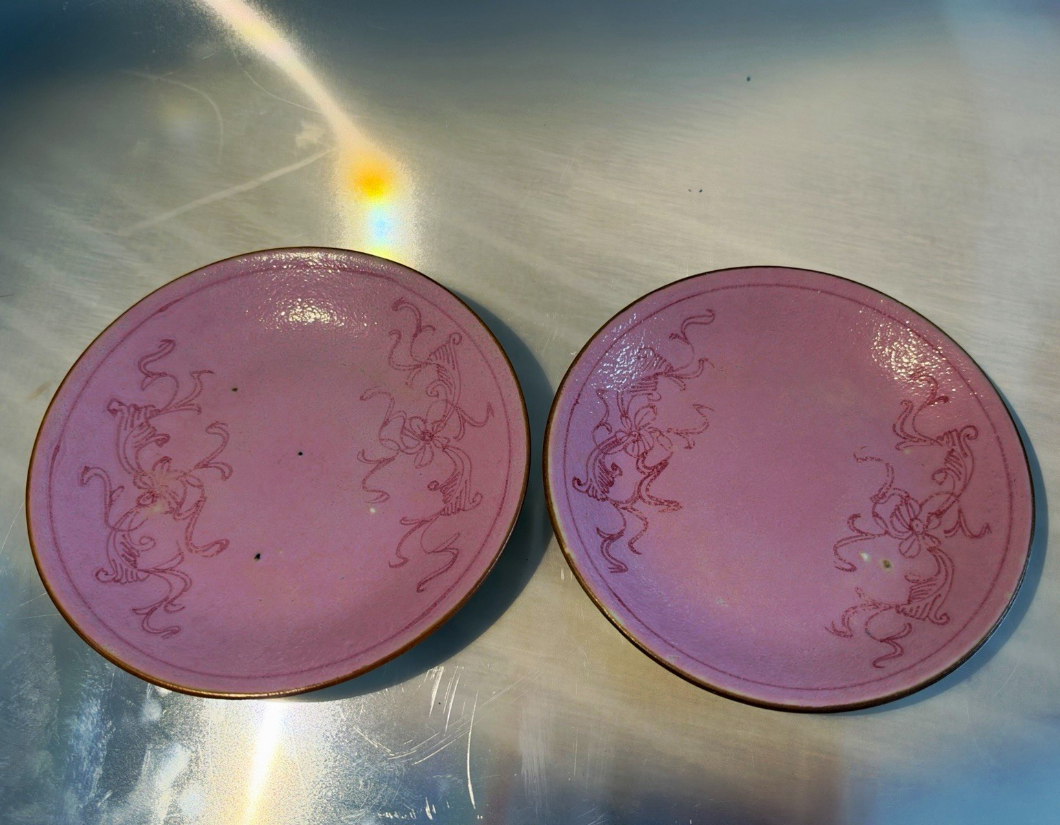 Antique Pair of Chinese Jiaqing Period Pink Ground Rouge Red Floral Dishes Antique Pair of Chinese Jiaqing Period Pink Ground Rouge Red Floral Dishes