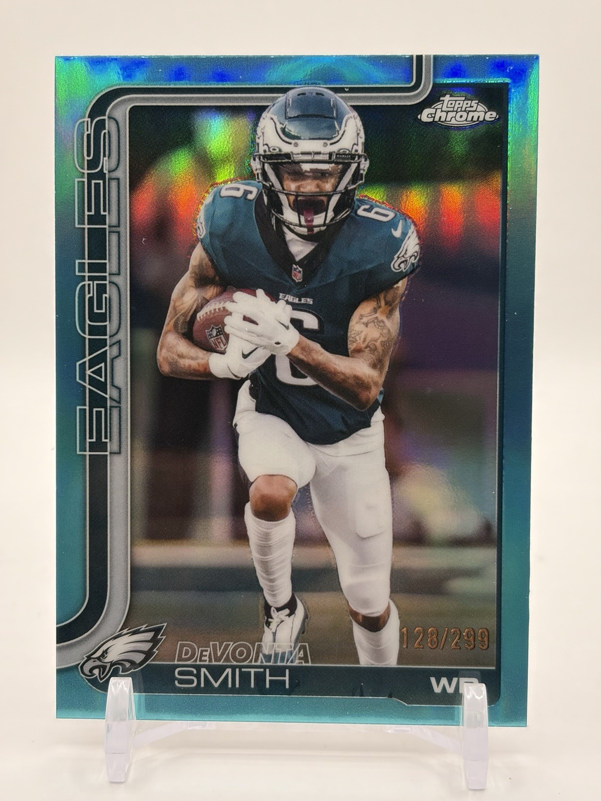 DeVonta Smith 2025 Topps Chrome Aqua Refractor #244 Eagles /299 DeVonta Smith 2025 Topps Chrome Aqua Refractor #244 Eagles /299