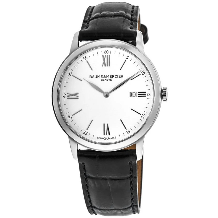 New Baume & Mercier Classima Quartz 42mm White Dial Black Men's Watch 10414