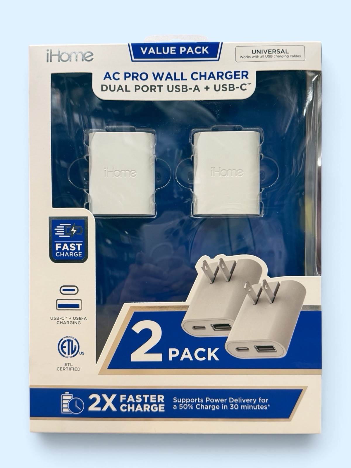 New iHome 20W USB-C + USB-A Wall Charger 2-Pack Dual Port Fast Charge PD