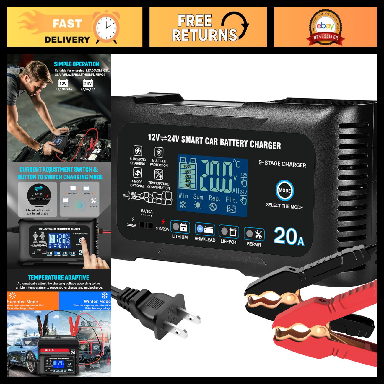 20A Smart Trickle Car Battery Charger 12V/24V Maintainer for Auto & Marine Use