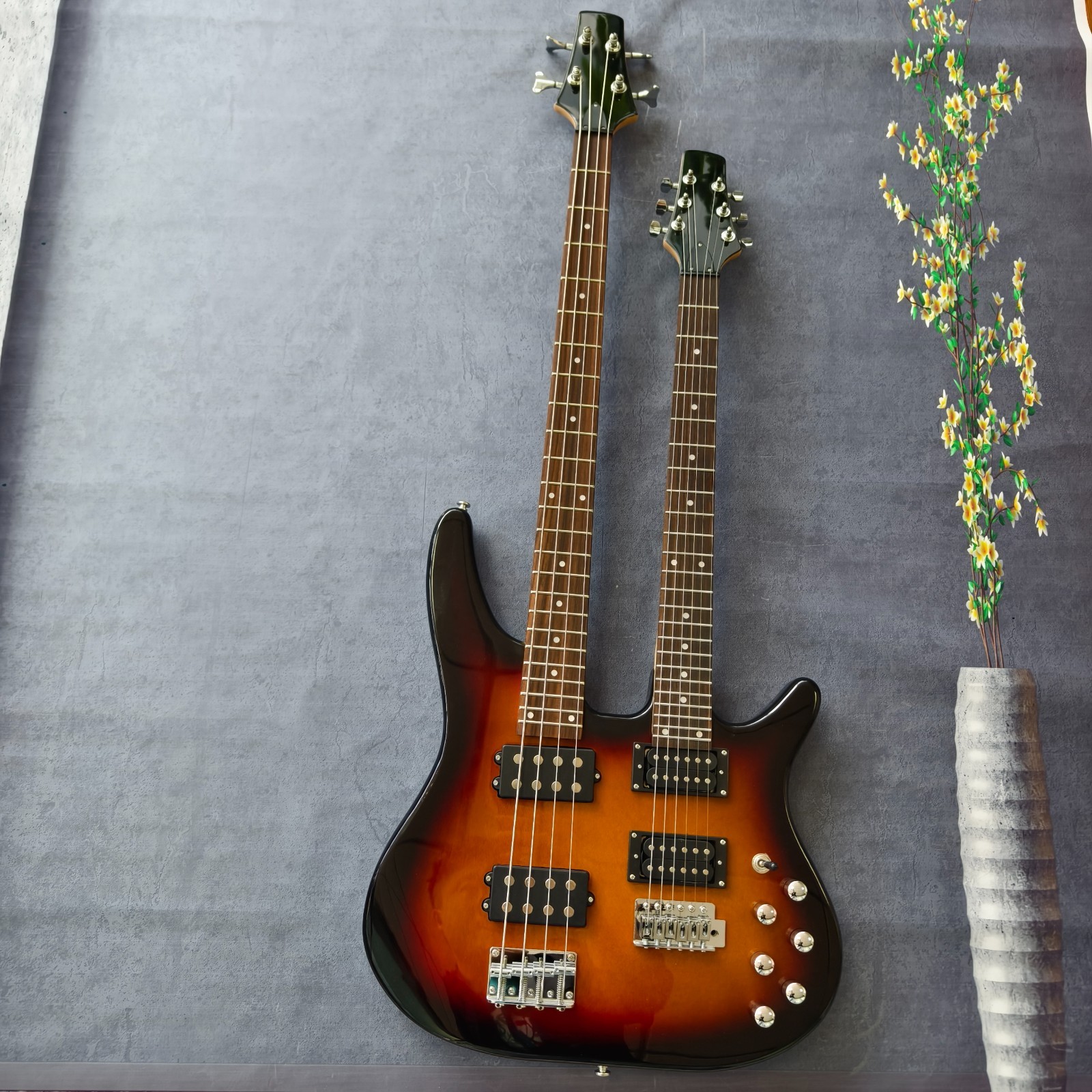 Custom Double Neck 6+4 String Bass Guitar Tobacco Sunburst Chrome Hardwa Ship US