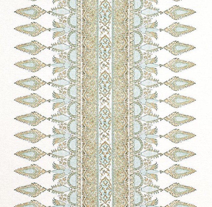 Thibaut Curtain Fabric \'AKOLA STRIPE \' 3.8 METRES SEAGLASS/GOLD  Linen Blend