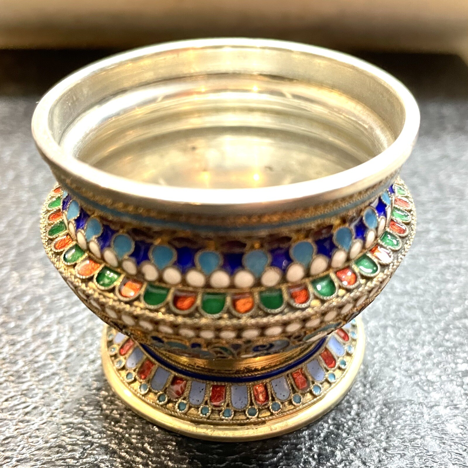 Amazing Antique Russian 84 Silver Enamel Bowl Salt