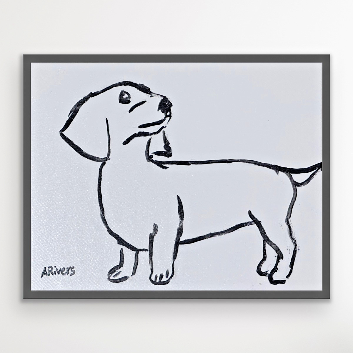 ARivers Modern Art Dachshund Line Drawing Painting 14x11 Signed Canvas Original