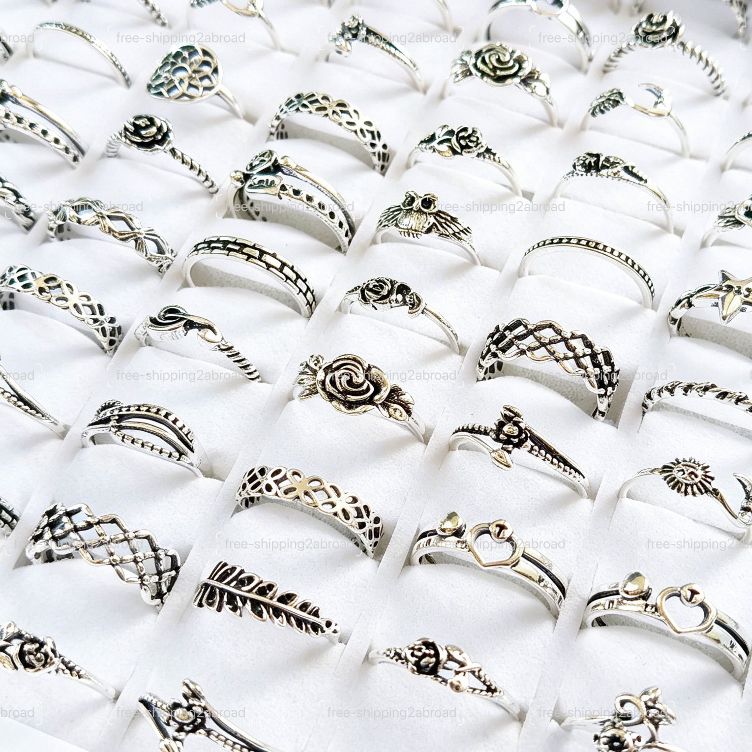 Wholesale 50/100pc Mix Floral Vintage Rings Antique Silver Plated Design Charms