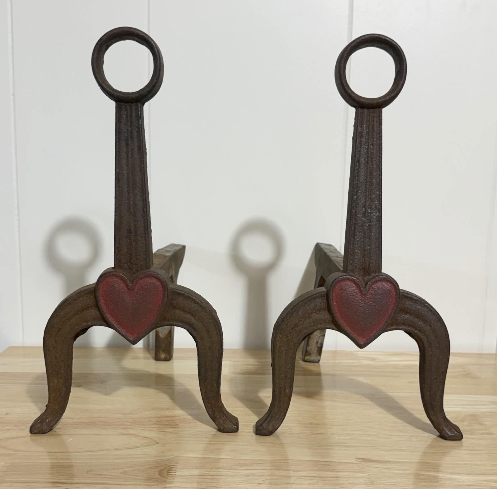 Scarce Antique 19Th Century Red Heart And Ring Iron Fireplace Andirons