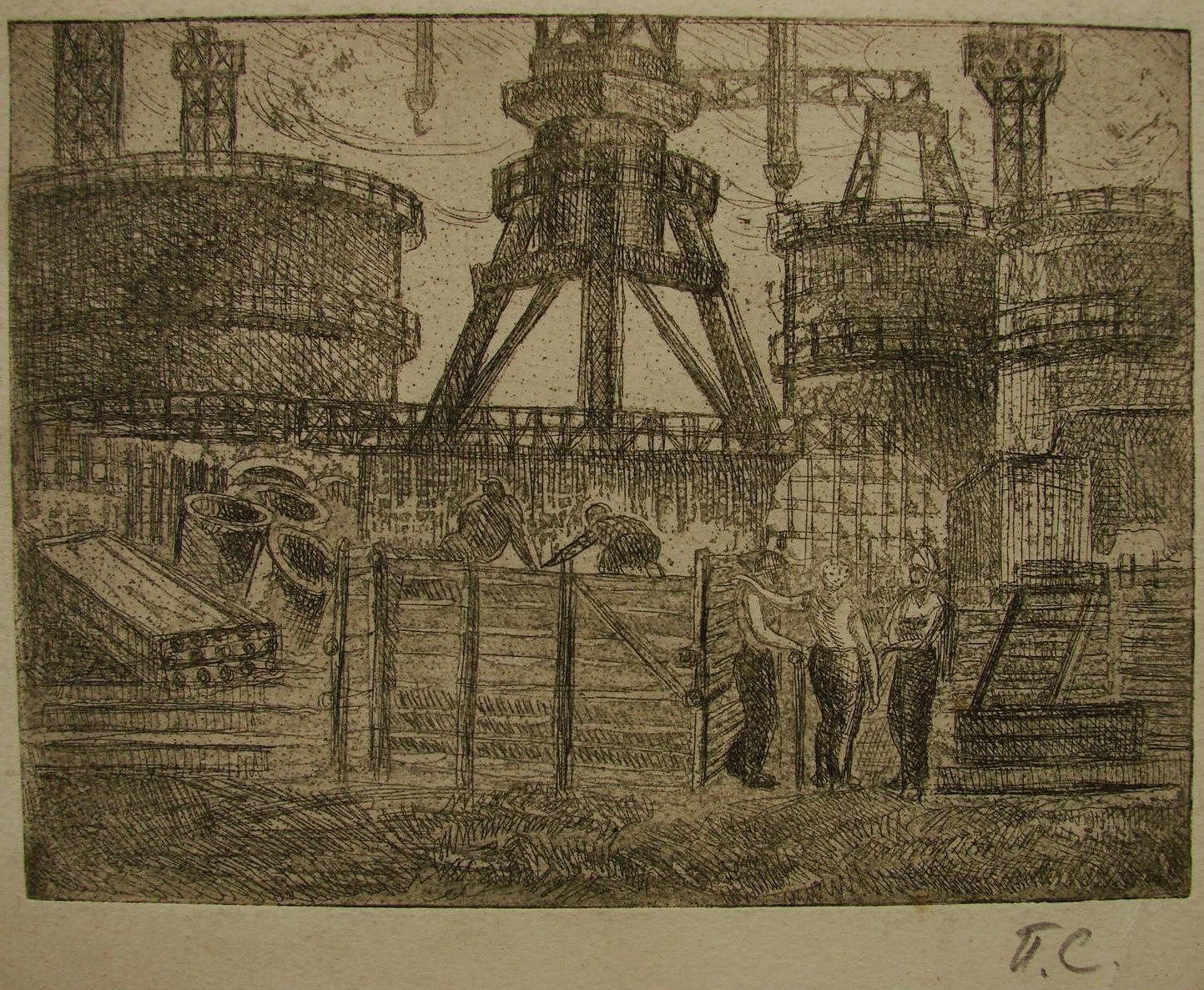 Ukrainian Soviet etching realism industrial painting factory girl  