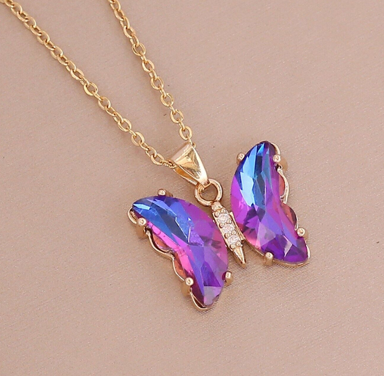 Gold Tone Purple Crystal Butterfly Necklace Statement Everyday Jewelry Gift
