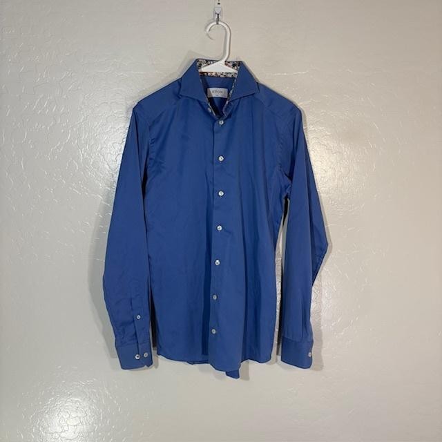 Eton Shirt Mens 15 38 Blue Solid Slim Fit Cotton Cambridge Dress Long Sleeve