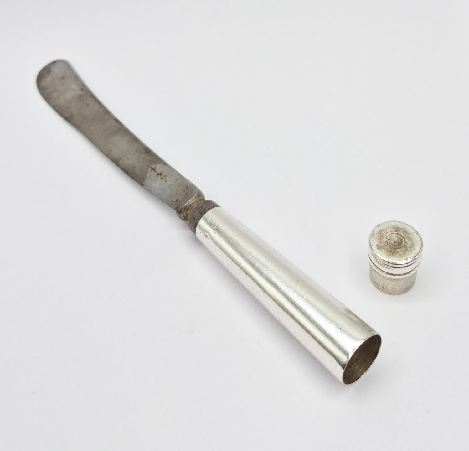 RARE LATE 17TH CENTURY SOLID SILVER CAMPAIGN CUTLERY w/ REMOVABLE TOP