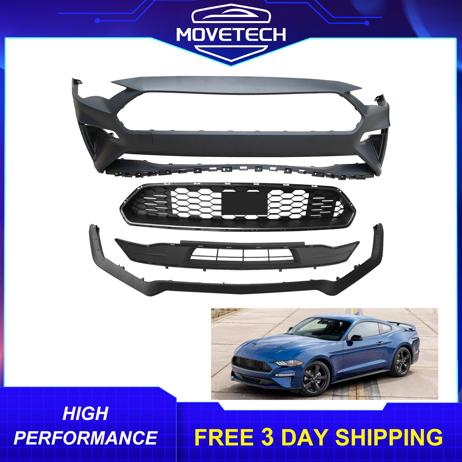 Fits 2018-2023 Ford Mustang Models New Front Bumper Cover W/ Grille & Lip Kit Fits 2018-2023 Ford Mustang Models New Front Bumper Cover W/ Grille & Lip Kit