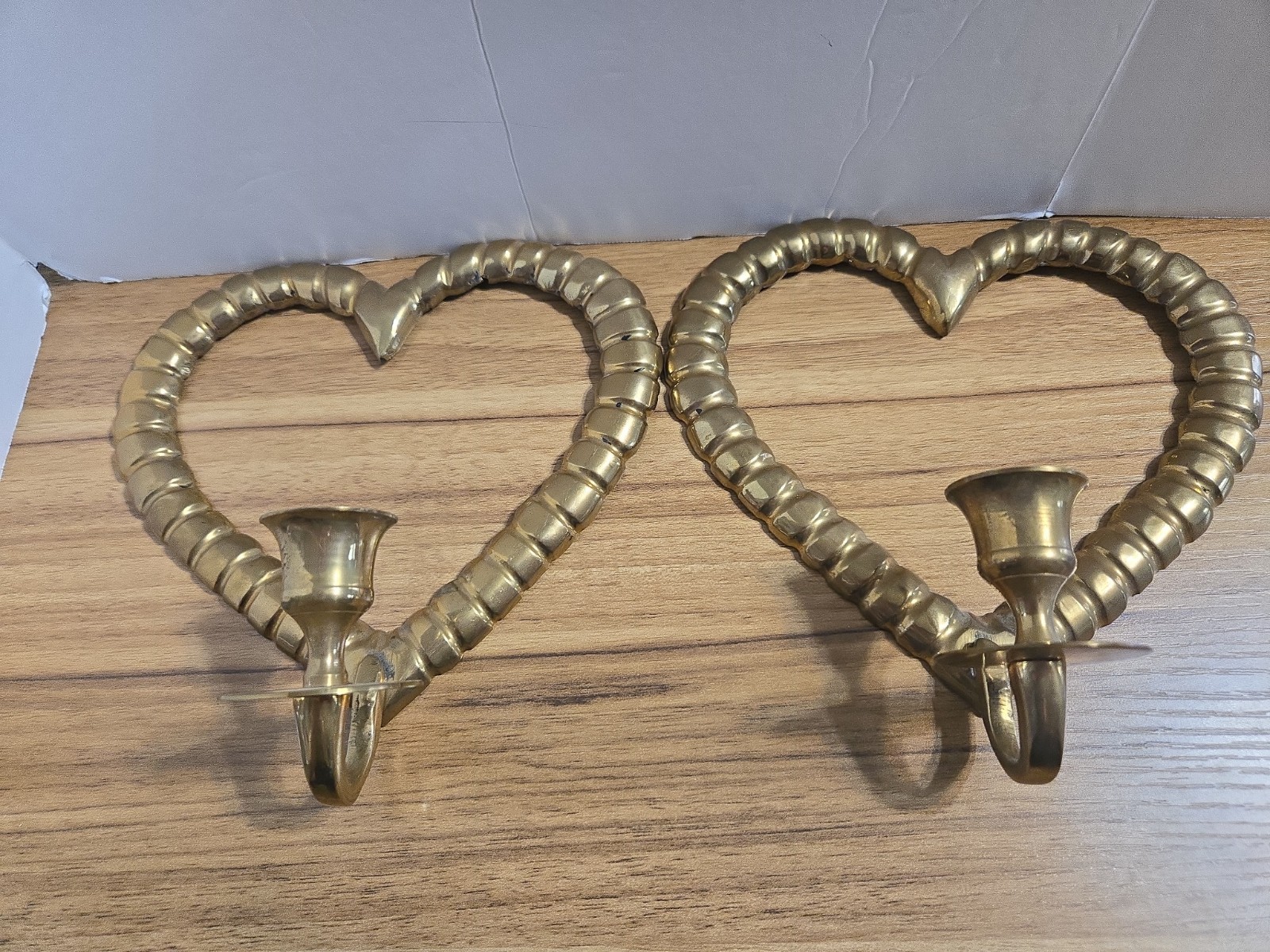 2 Vtg. MCM Solid Brass Heart Candleholder Wall Sconces 2 Vtg. MCM Solid Brass Heart Candleholder Wall Sconces