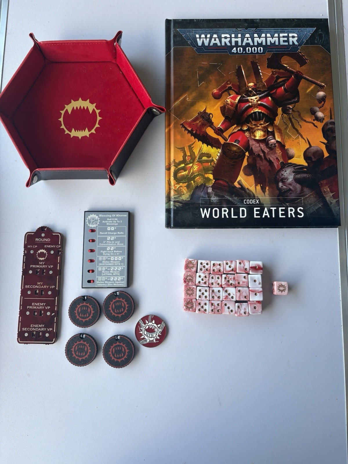 Warhammer 40K World Eaters Codex Dice Tray 25 Dice Tokens Trackers Khorne Lot 