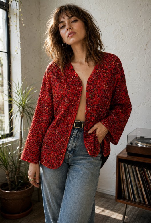 Vintage Chico\'s Design Red 100% Silk Woven Open Artistic Jacket Size 1 Handwoven