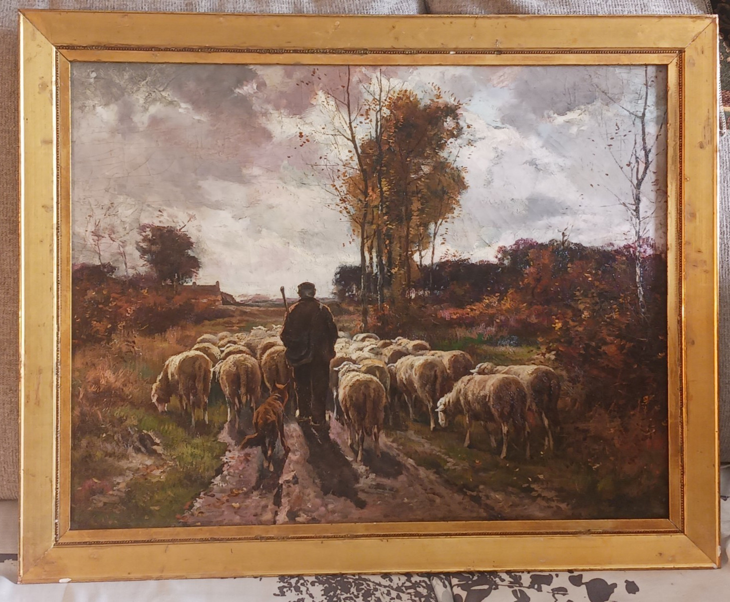 19th C. Antique European Landscape Sheep, man,dog , returning home restored 19th C. Antique European Landscape Sheep, man,dog , returning home restored